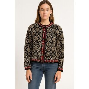 LL Bean Fair Isle Nordic Sweater Women M Black Cream Cotton HK VTG Cottagecore